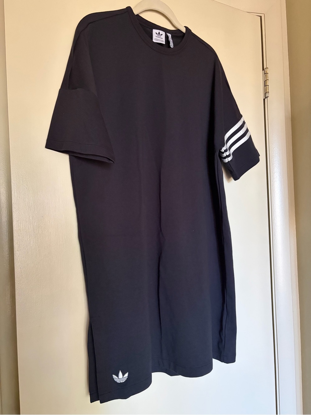 adidas Black Short Sleeve T-shirt Dress with White Sleeve Stripes